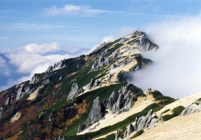 燕岳（２７６３ｍ）～風化した新期花崗岩の白い砂礫に、ハイマツの緑