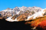 初冠雪の穂高 ナナカマドの紅葉 青空 三段紅葉